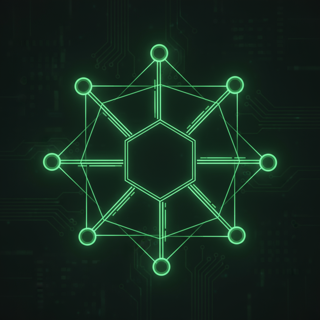 상호 연결된 기하학적 노드를 보여주는 네트워크 픽토그램.