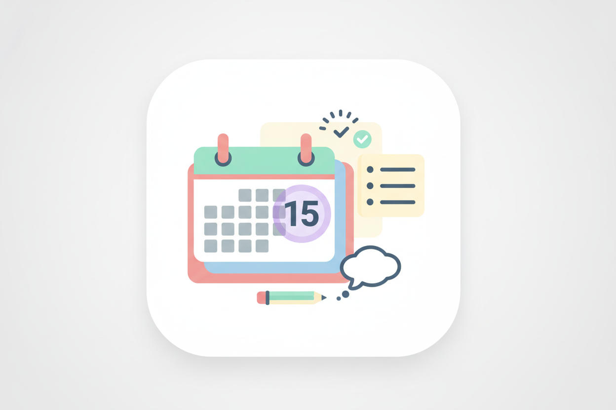 날짜가 표시된 책상 달력 픽토그램, 계획과 일정을 상징함.