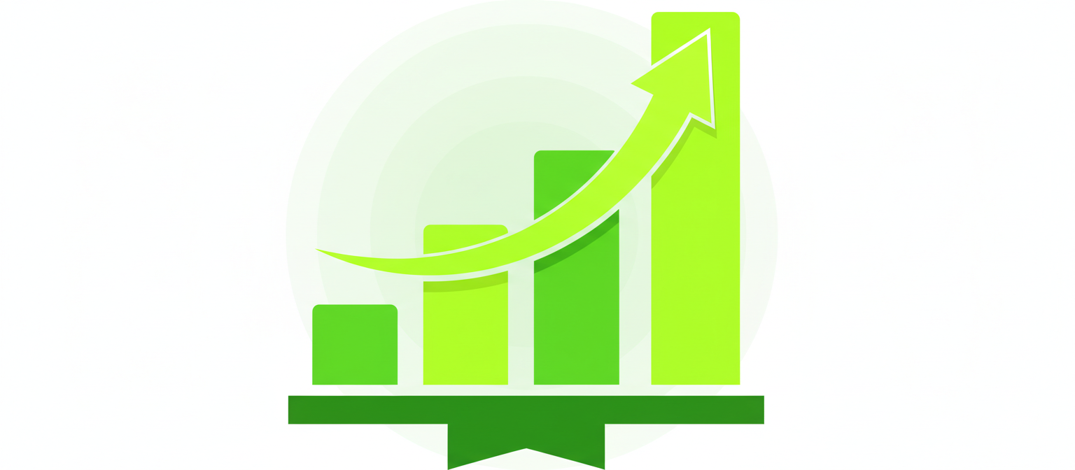 성장과 성공을 상징하는 위쪽으로 향하는 막대 그래프의 생생한 녹색 픽토그램.