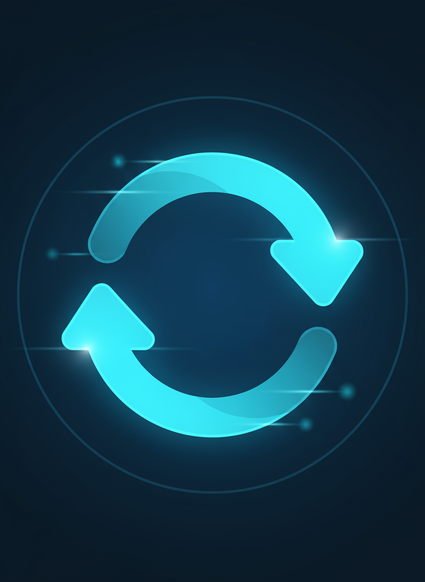 새로고침 또는 동기화를 상징하는 생생한 청록색의 두 개의 원형 화살표 픽토그램.