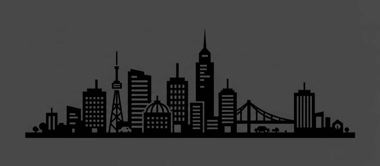 어두운 회색 배경에 검은색으로 표현된 도시 경관 실루엣 모노크롬 픽토그램.
