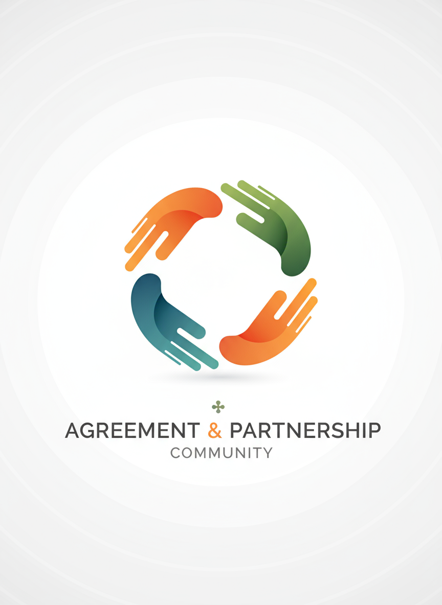 합의, 파트너십 또는 공동체를 상징하는 양식화된 악수 픽토그램.