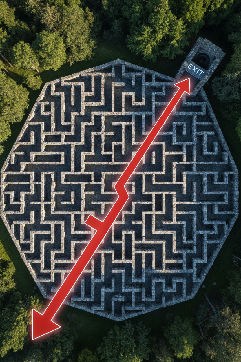 미로 또는 라비린스를 위에서 본 모습, 굵고 선명한 빨간 화살표가 출구로 가는 올바른 길을 나타낸다.