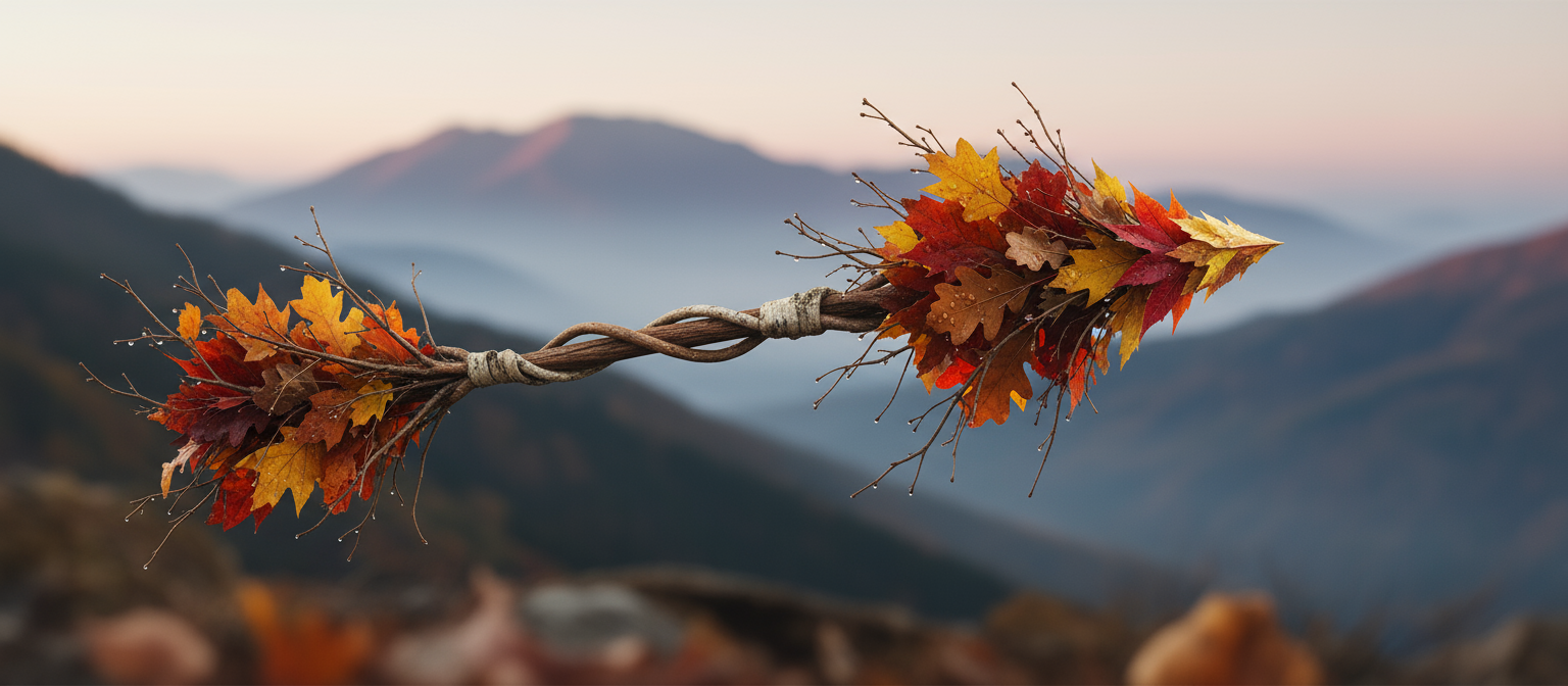 얽힌 나뭇가지와 가을 낙엽으로 자연스럽게 형성된 화살표가 멀리 안개 낀 산맥을 가리키고 있다.