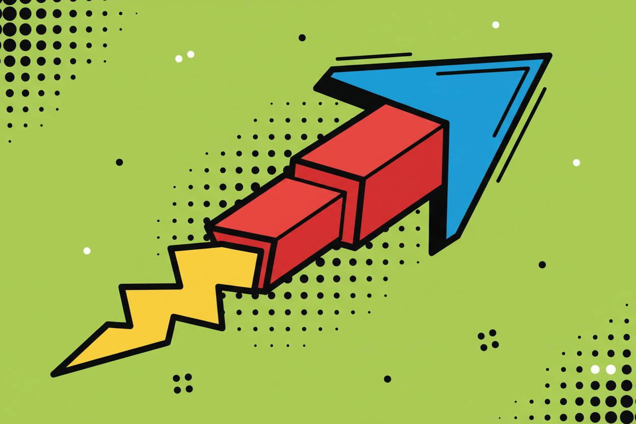 기하학적 모양과 원색으로 구성된 추상적인 팝아트 스타일의 화살표 디자인.