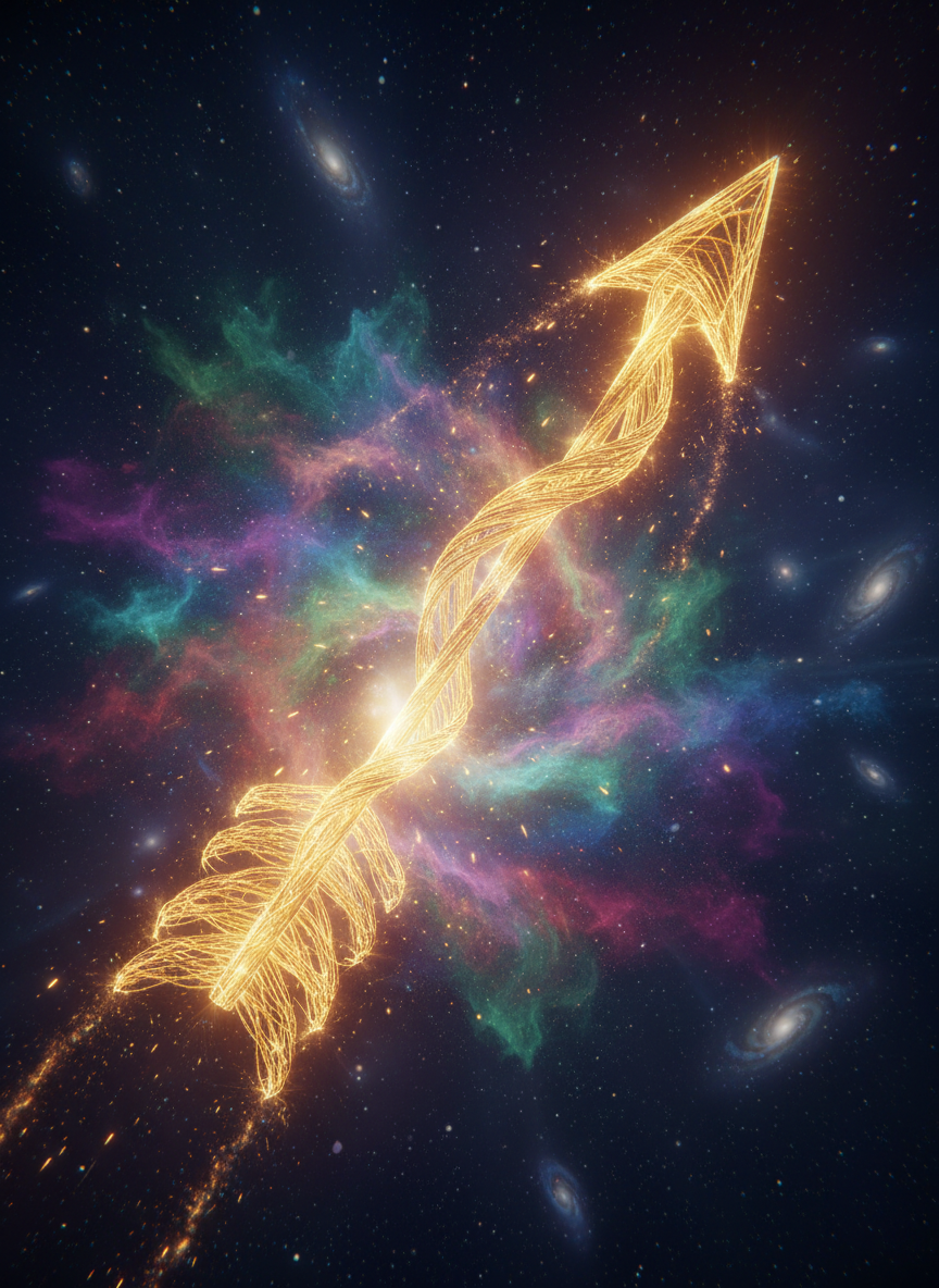 은은하게 빛나는 황금 실타래로 엮인 화살표가 무지갯빛 먼지 구름에서 솟아오른다. 마법 같고 환상적인 예술, 영화 같은 조명.