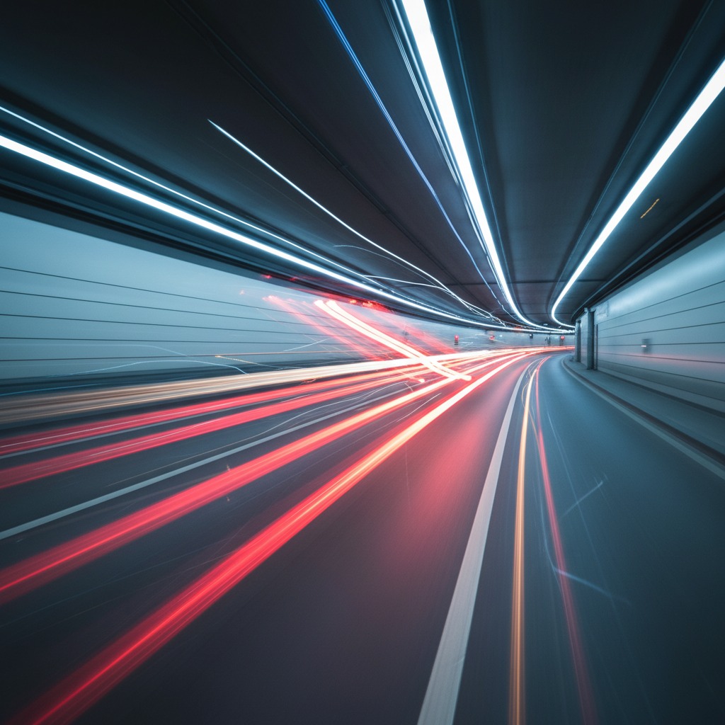 도시 터널을 빠르게 지나는 자동차 미등이 흐릿한 빨간 화살표를 형성하는 역동적인 장노출 사진.