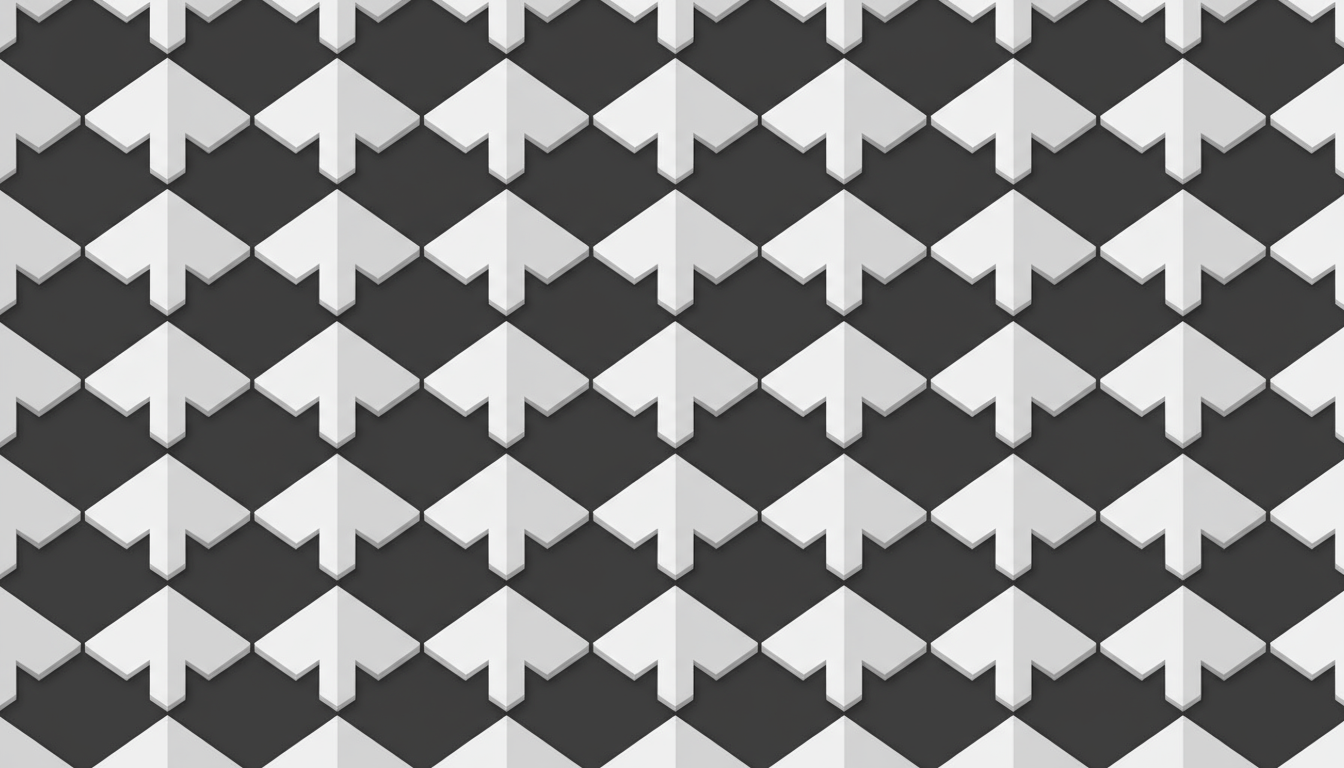 어두운 회색 배경에 흰색 화살표가 반복되는 매끄러운 입체 패턴.