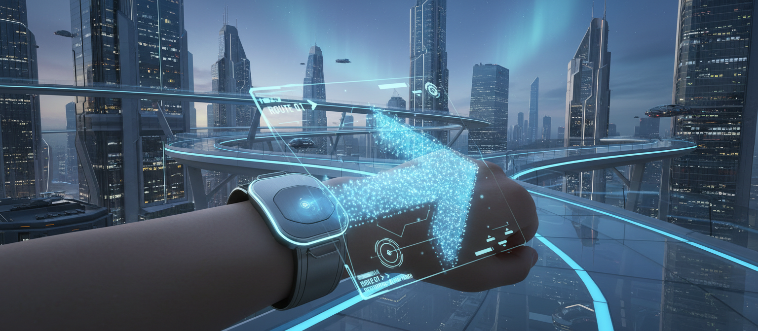 미래 도시 풍경에서 손목 장치에서 투사되는 반짝이는 파란색 홀로그램 화살표.