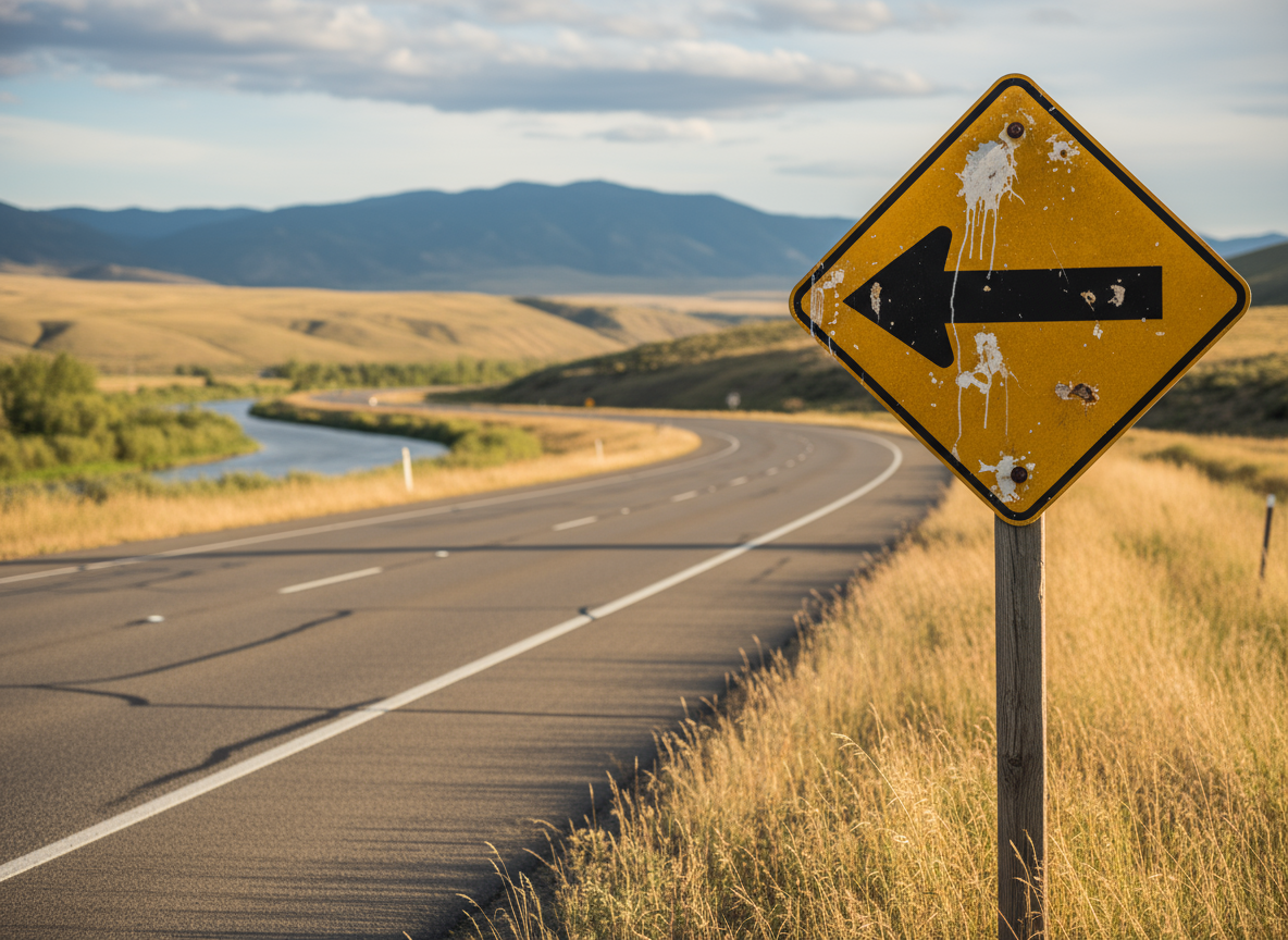 풍경이 흐릿한 고속도로를 배경으로 왼쪽을 가리키는 검은 화살표가 있는 낡은 노란색 도로 표지판.