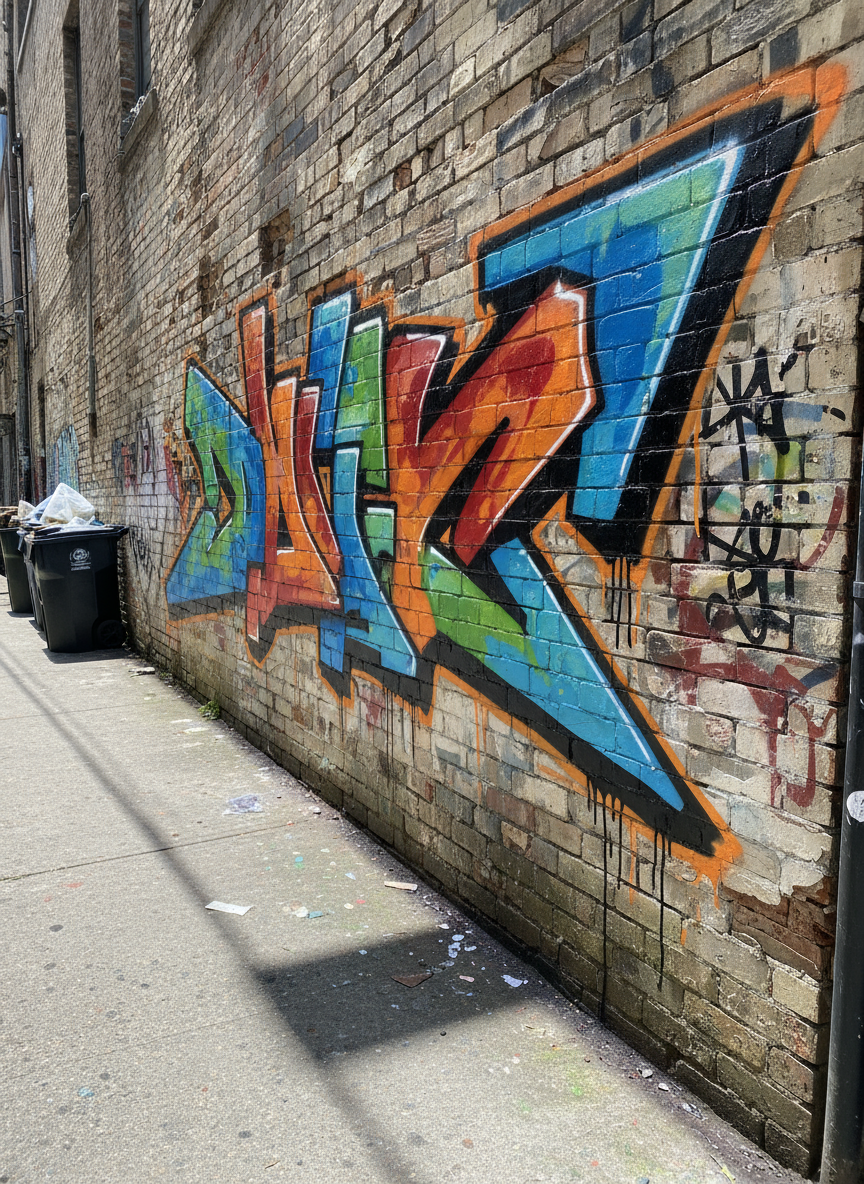 낡은 벽돌 위에 겹쳐진 생동감 있고 공격적인 그래피티 스타일 화살표가 골목길에 있다. 굵은 윤곽선, 물감 흐름, 도시 거리 예술 미학. 강한 그림자.