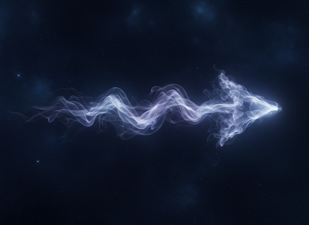 어두운 배경에 소용돌이치는 연기 또는 안개로 형성된 화살표.