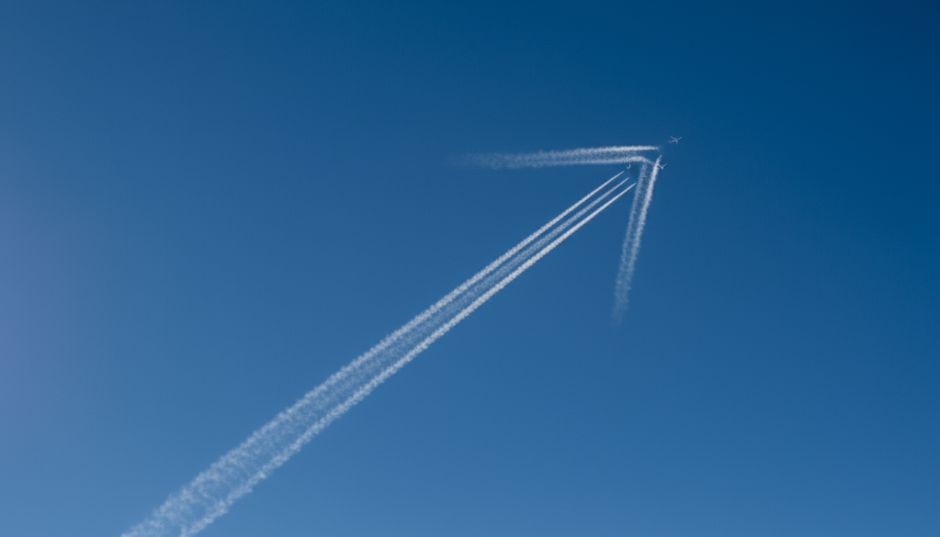 맑고 푸른 하늘 높이 비행기 구름으로 형성된 미묘하고 거의 보이지 않는 화살표. 덧없고 영적인 느낌의 항공 사진.