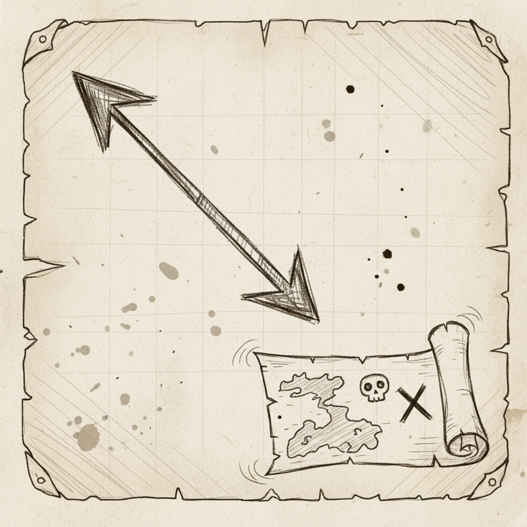 세피아색 양피지에 보물 지도를 가리키는 손으로 그린 엉뚱한 화살표.