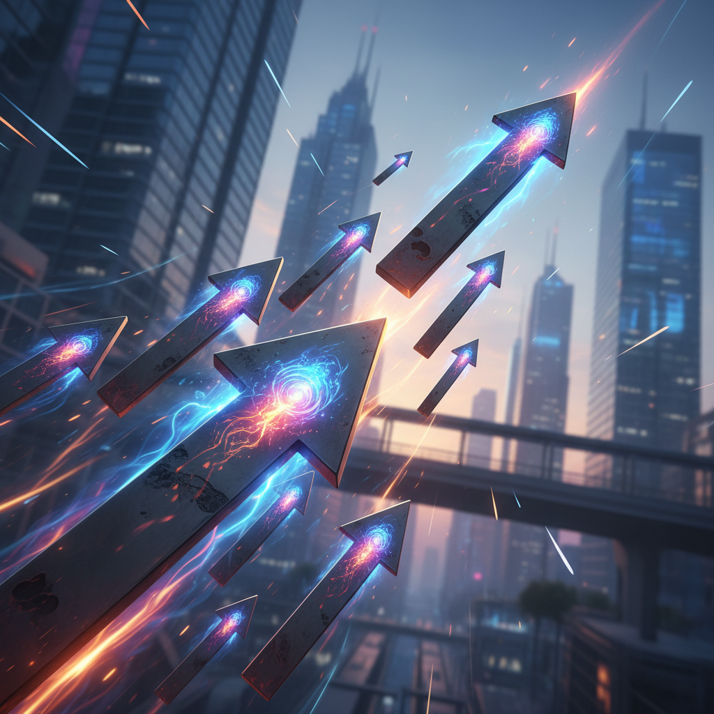 진보를 상징하는, 빛나는 금속 화살표 여러 개가 대각선으로 상승하는 추상적인 이미지.