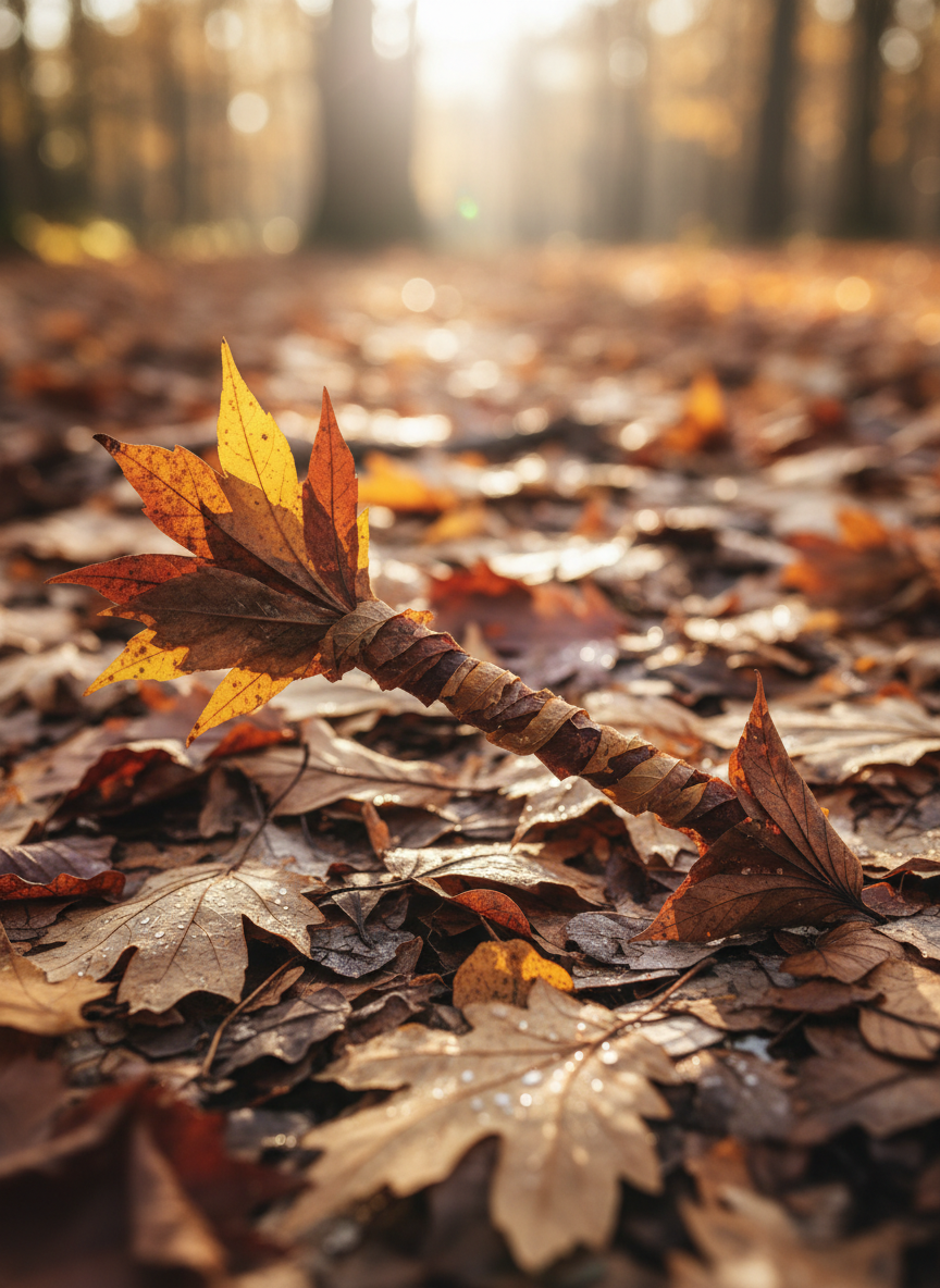 정교하게 배열된 마른 가을 낙엽으로 완전히 만들어진 화살표가 더 많은 낙엽으로 덮인 숲 바닥에 놓여 있다. 흙빛 색조, 접사 사진.