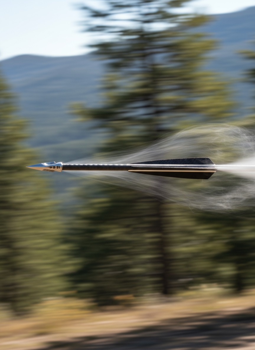 미묘한 비행운을 남기며 비행하는 날렵한 유선형 화살표.