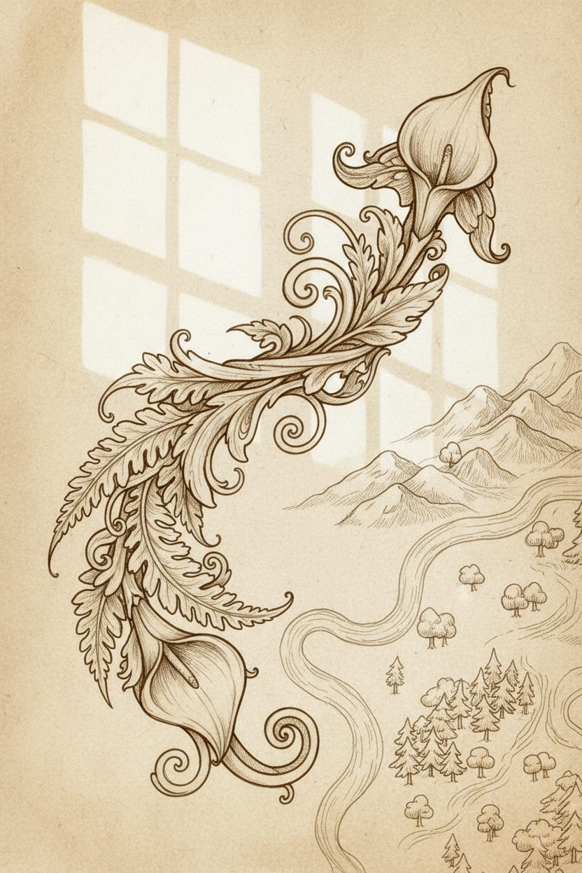 손으로 그린 세피아 톤 스케치에서 나뭇잎과 덩굴로 이루어진 기발한 화살표가 자연 테마 지도 위에서 위쪽 길을 미묘하게 가리킨다.