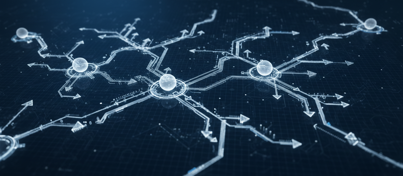 어두운 파란색 디지털 인터페이스에서 데이터 흐름을 나타내는 상호 연결된 흰색 화살표 네트워크.