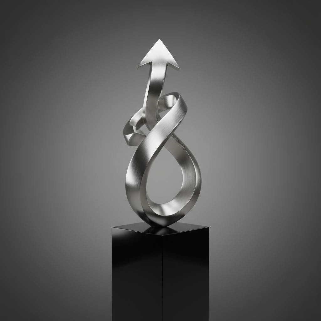 반사되는 검은색 표면에서 솟아오르는 부드럽고 금속성의 은색 추상적인 3D 화살표 조형물. 스튜디오 조명, 우아하고 현대적인 예술.