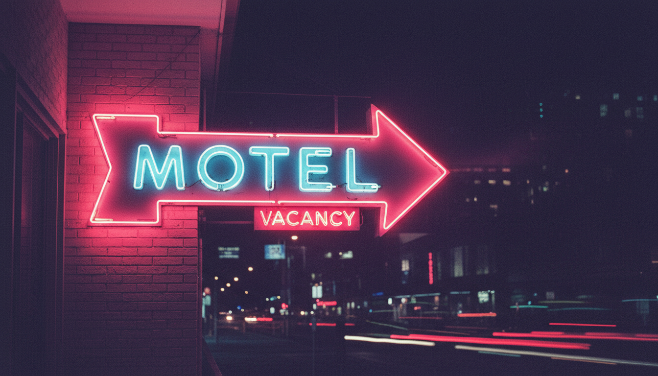 흐릿한 도시의 밤을 배경으로 핑크색과 파란색으로 빛나는 깜빡이는 네온 화살표 간판.