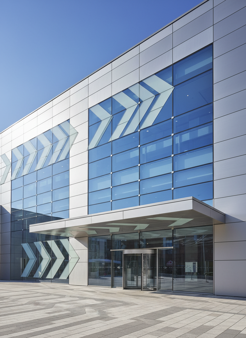 브러시드 스틸과 유리로 제작된 화살표 디자인이 통합된 현대적인 건물 외관.
