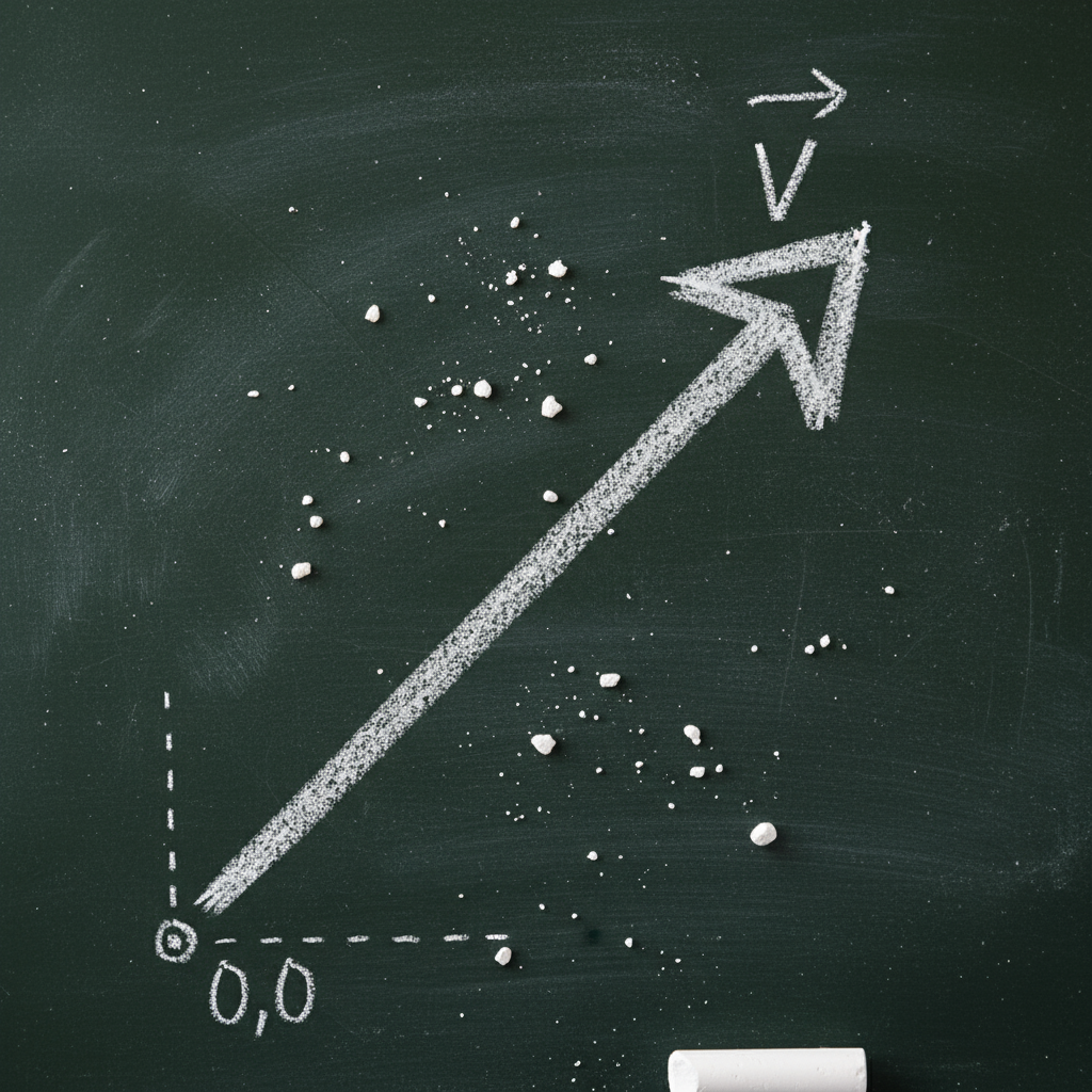 분필 먼지가 떠다니는 분필로 그려진 간단한 화살표 그림, 수학적 벡터를 보여준다.
