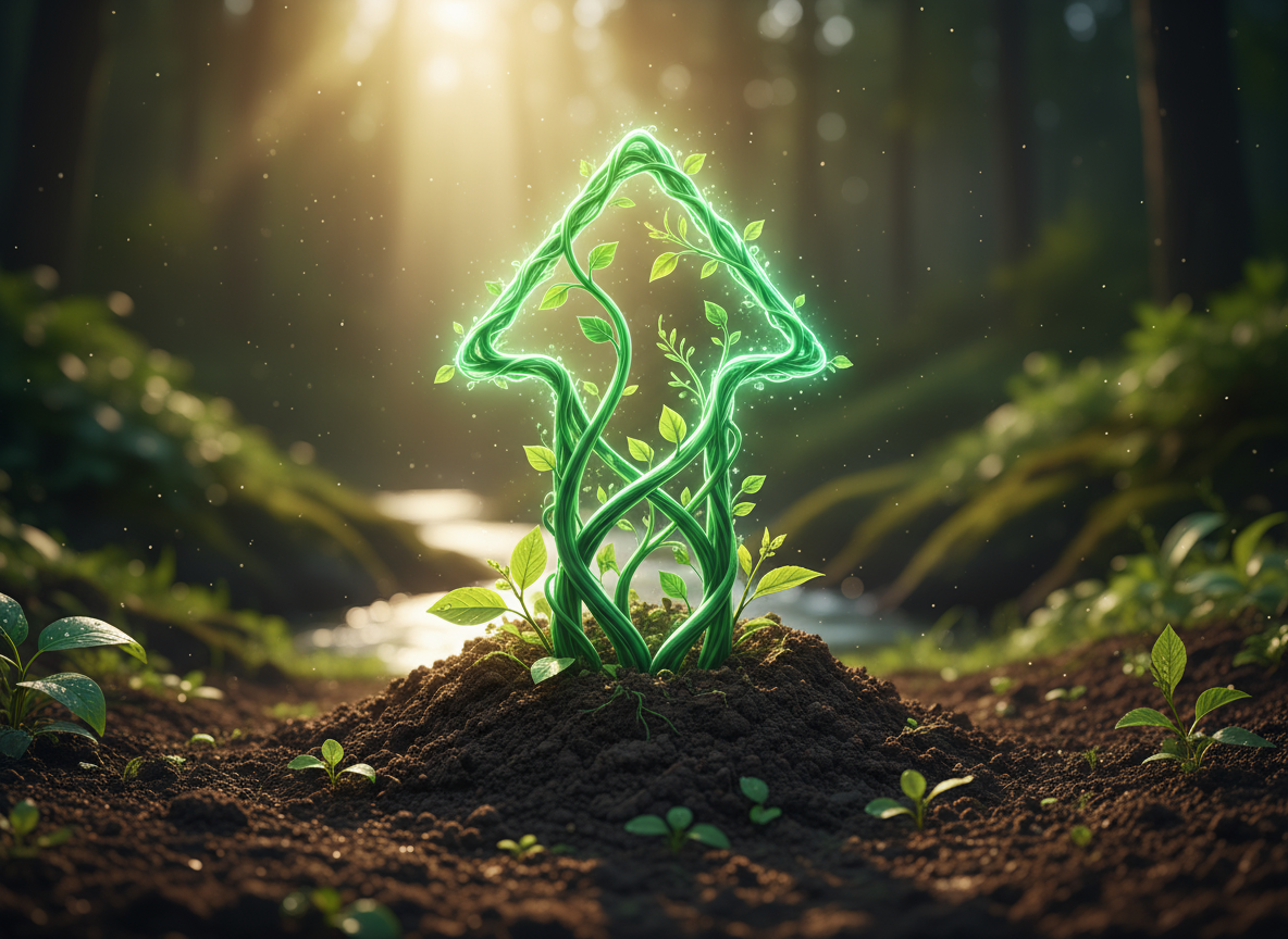 비옥한 흙에서 돋아나는 성장하는 녹색 화살표, 주변의 푸른 잎들이 햇빛을 받고 있다.
