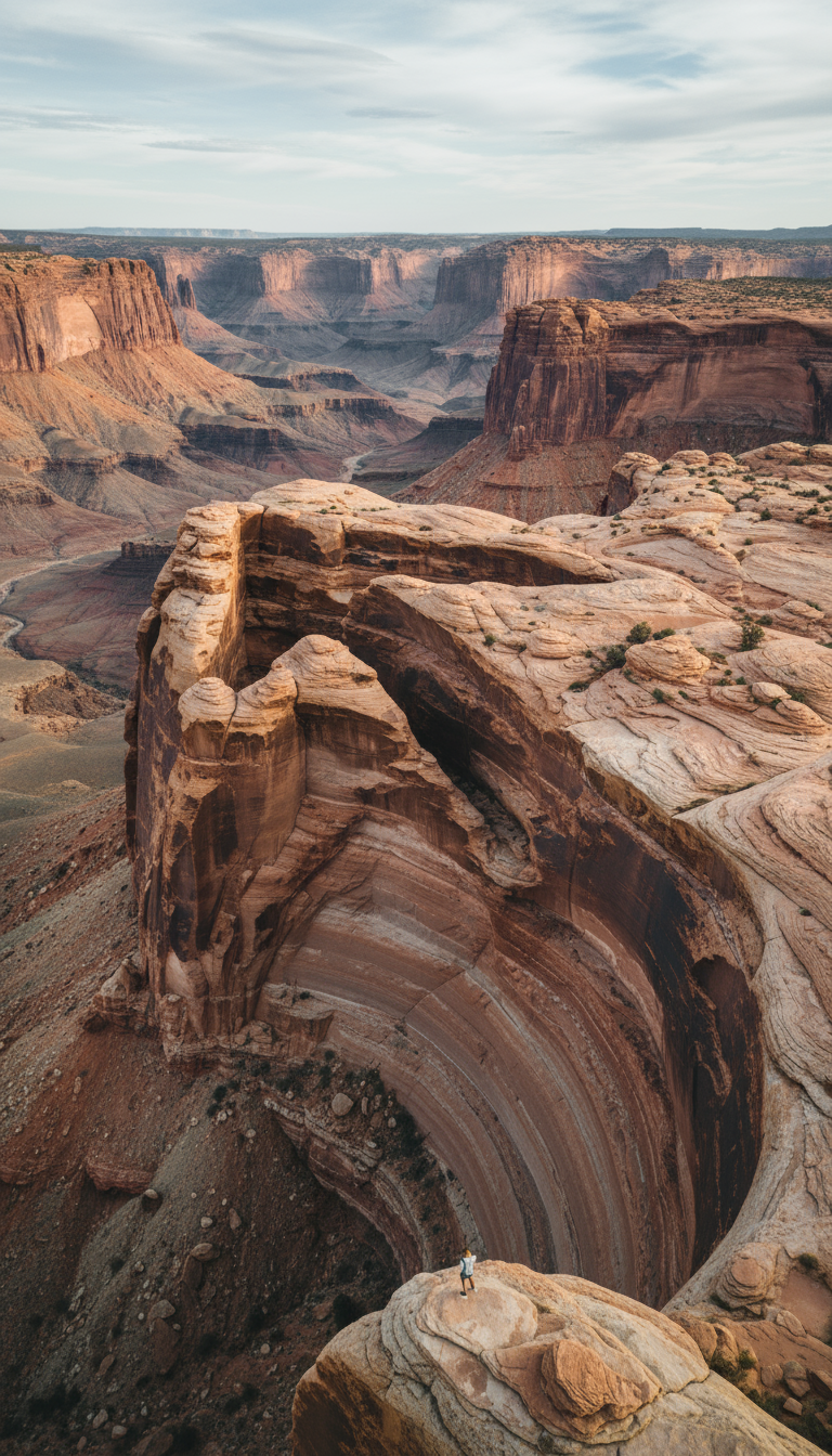 수천 년 동안 침식으로 인해 협곡 옆면에 자연스럽게 새겨진 지질학적 화살표. 흙빛 색조, 광활한 풍경, 거친 질감, 규모감.