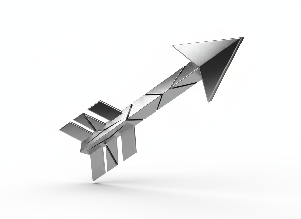 정확한 기하학적 각도를 가진 고도로 반사되는 3D 금속 화살표.