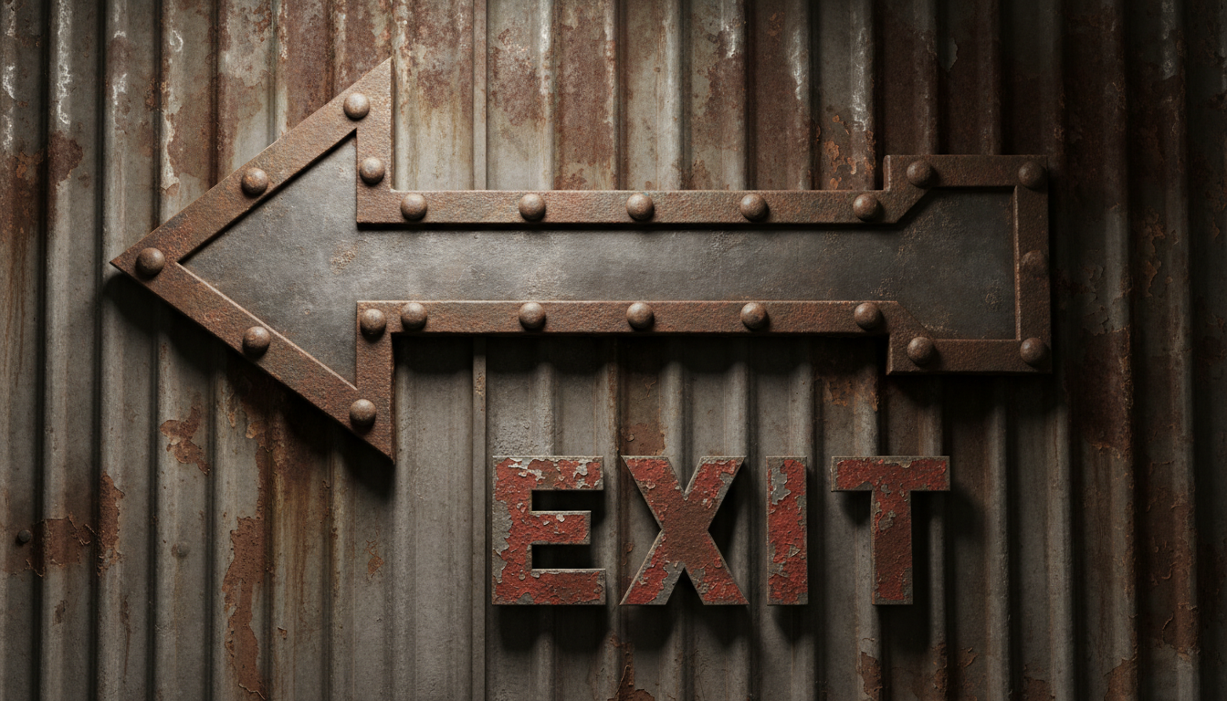 녹슨 공장 벽에 리벳으로 고정된 풍화된 금속 화살표, 굵고 거친 글씨체로 'EXIT'를 나타낸다.