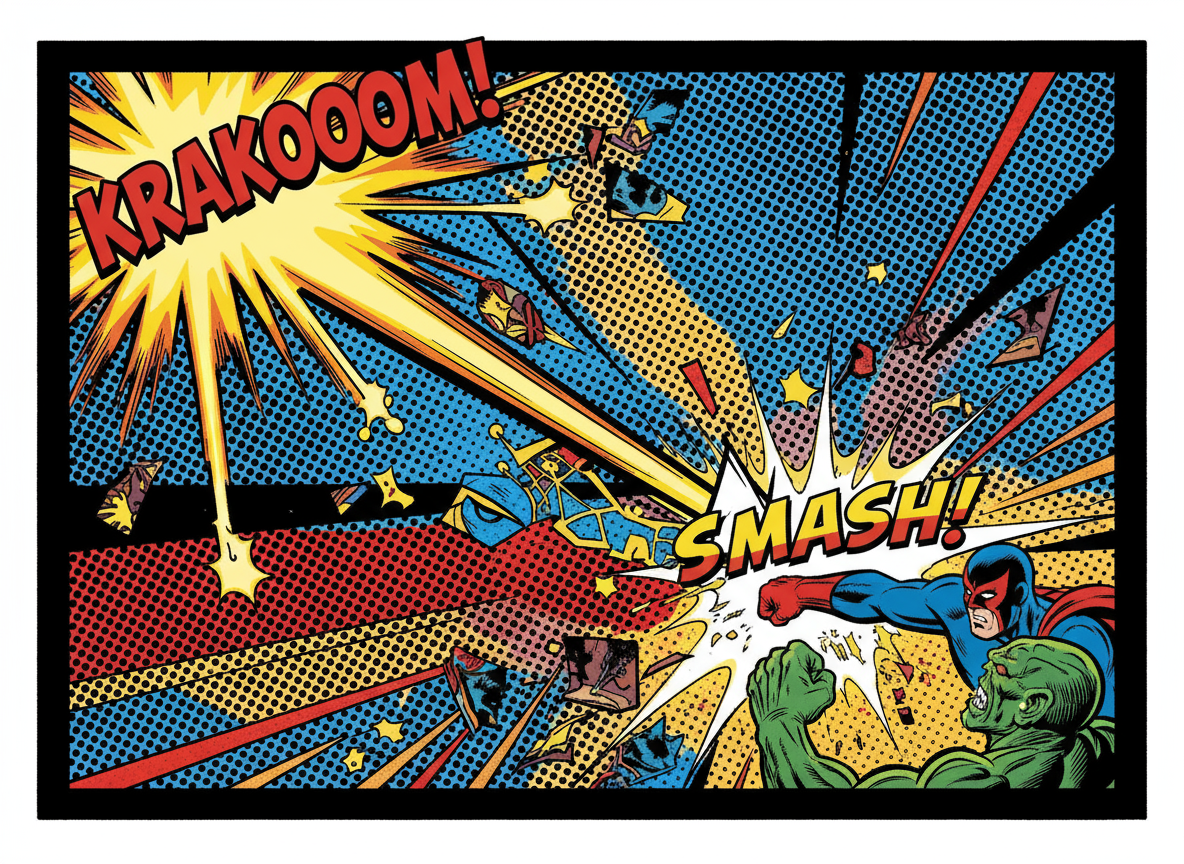 말풍선에서 튀어나와 액션을 가리키는 역동적인 노란색 화살표가 있는 만화책 패널.