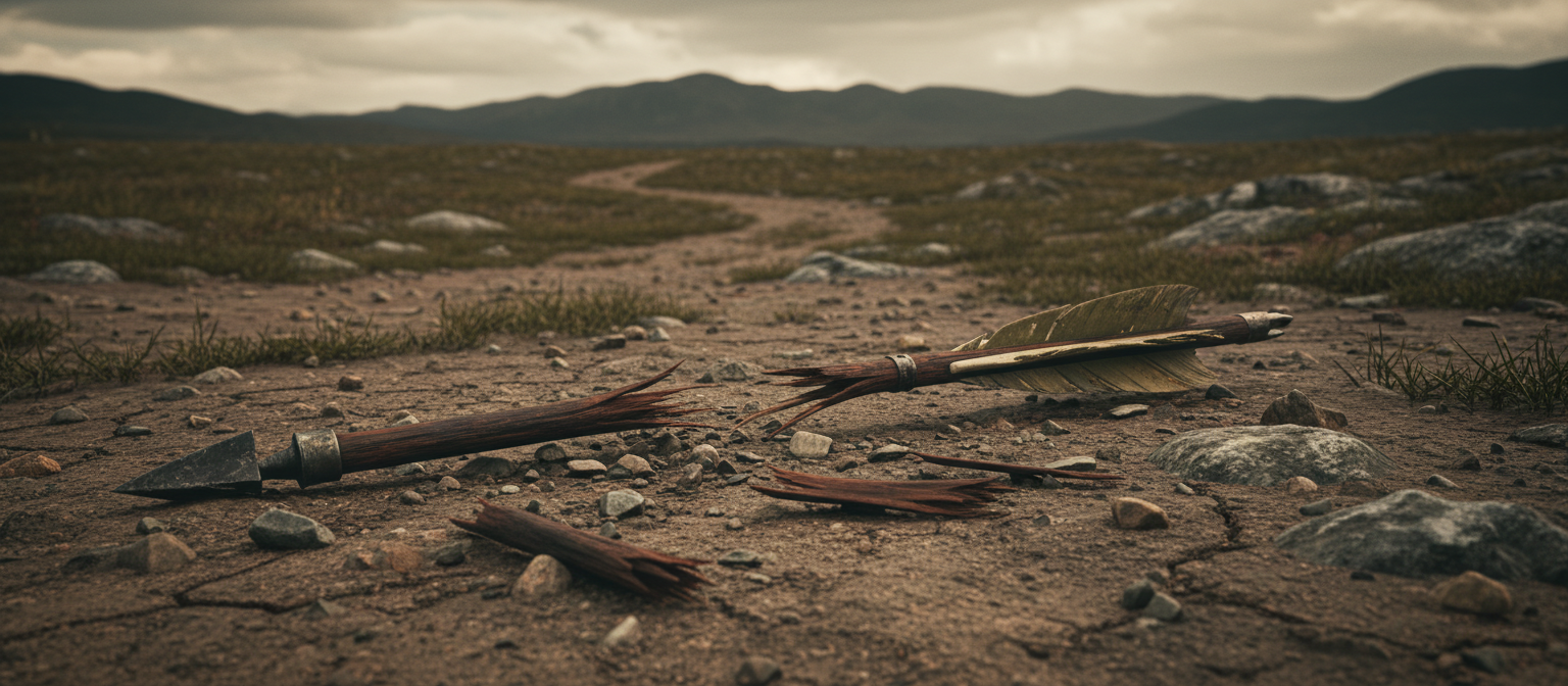 땅에 흩어져 있는 부서진 화살표 조각들.