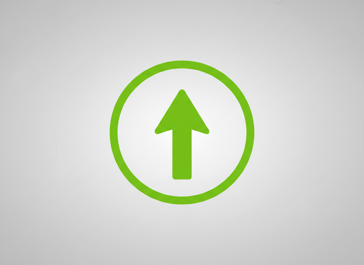 회색 배경에 원형 테두리 안에 있는 밝은 녹색 윤곽선의 최소한의 화살표 아이콘.
