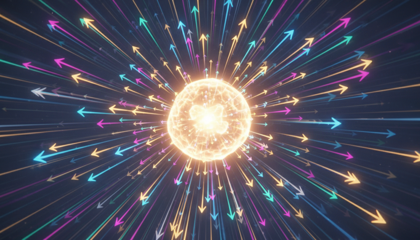 여러 개의 생생한 화살표가 한가운데로 수렴하며 집중을 표현하는 모습.