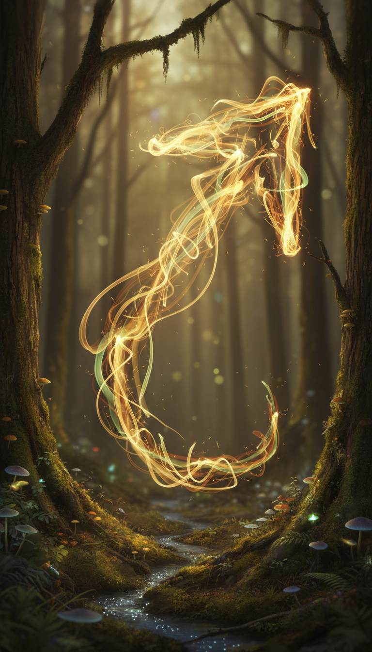 어스름한 마법의 숲에서 수많은 빛나는 반딧불이로 형성된 기발한 화살표. 부드러운 초점, 따뜻한 빛, 꿈같은 느낌, 장노출 효과.