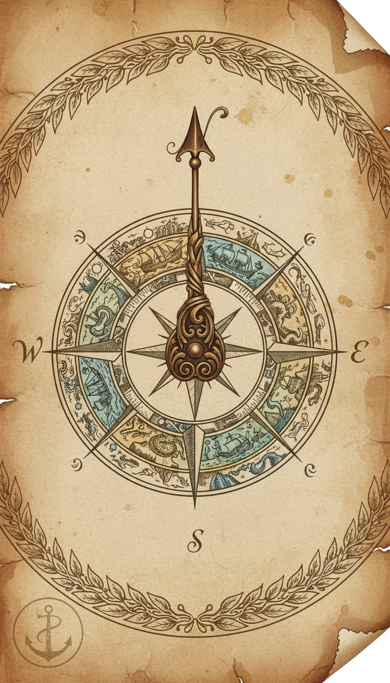 진북을 가리키는 나침반 장미 디자인에 통합된 화살표, 빈티지 지도 스타일.