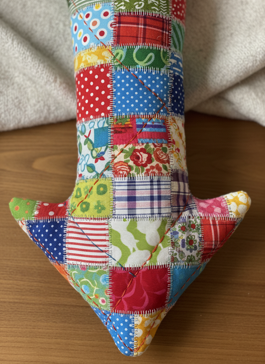 다채로운 패치워크 천으로 만든 엉뚱한 화살표가 아래를 가리키고 있음.