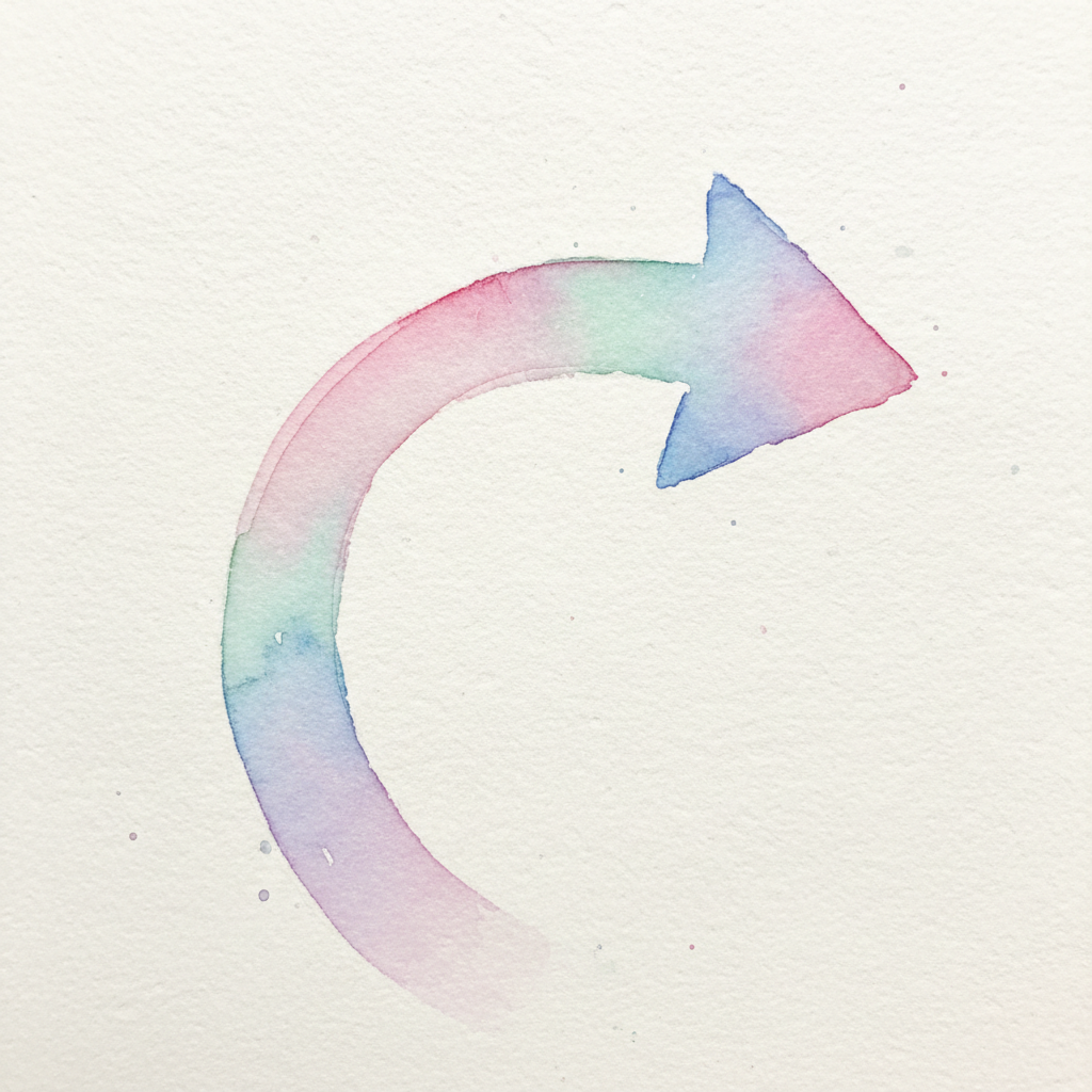 부드러운 가장자리와 파스텔 색상의 섬세한 수채화 화살표가 질감 있는 종이에 그려져 있다. 예술적이고 고요한 순수 예술 스타일. 클로즈업.