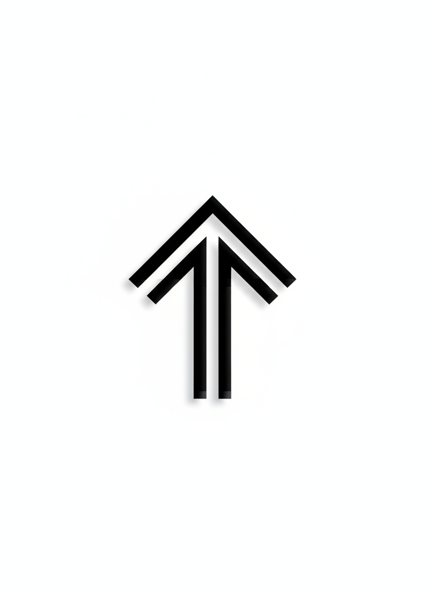 깔끔한 흰색 배경에 교차하는 기하학적 선들로 구성된 미니멀한 검은색 화살표.