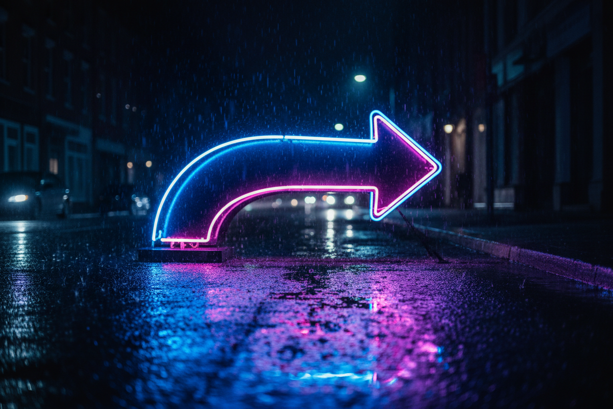 어두운 비 오는 밤길을 밝히는 네온 화살표 표지판, 젖은 노면에 빛이 반사되고 있다.
