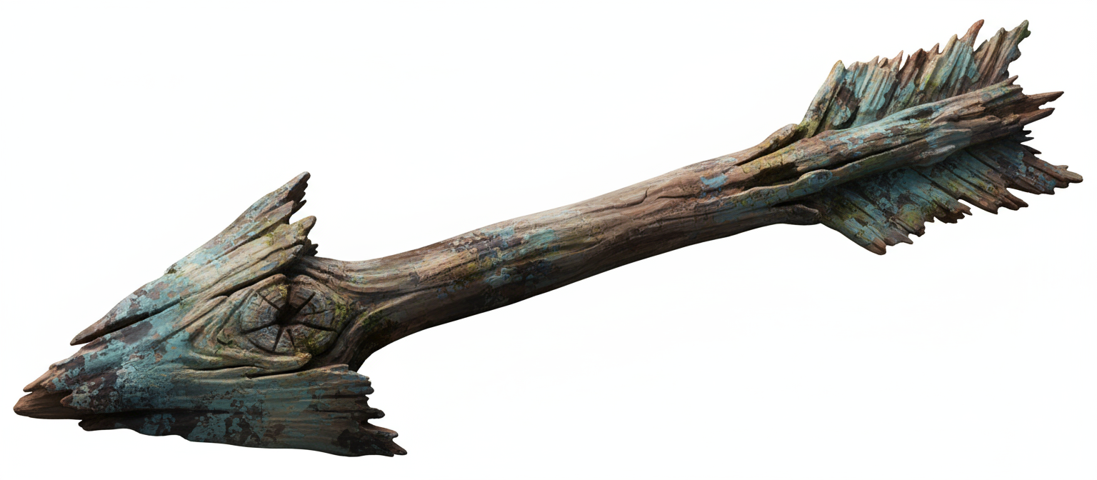 소박한 질감의 스타일리시한 나무 화살표, 왼쪽 아래를 가리키며 투명한 배경에 고립.