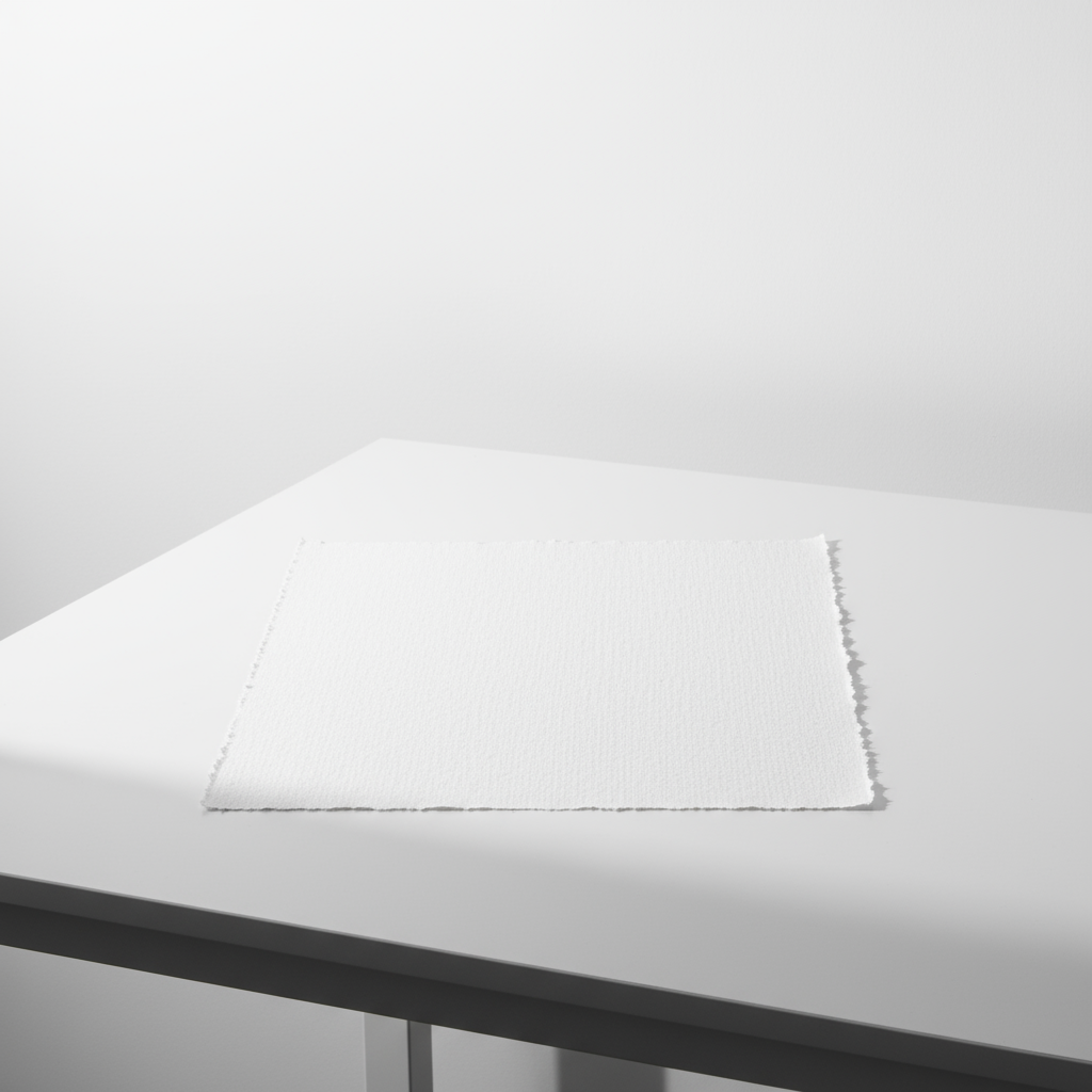 흰 테이블 위에 놓인 깨끗한 질감의 흰 종이 한 장, 부드러운 그림자가 드리워져 있습니다.