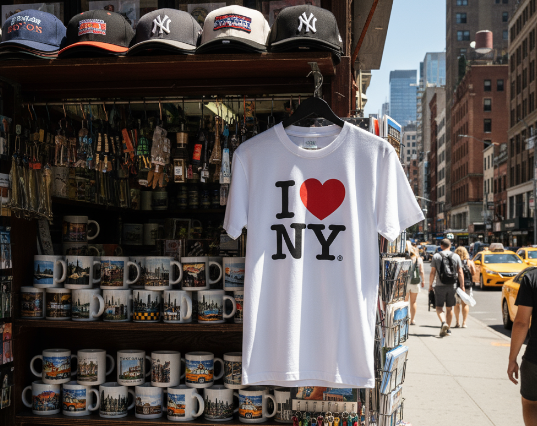 A white t-shirt with the iconic "I ❤️ NY" logo hangs prominently on a souvenir stand. The stand is filled with other New York-themed merchandise, including baseball caps, keychains, and mugs featuring city landmarks. The setting is a bustling New York City street with people and yellow taxis in the background. The text on the t-shirt is clear and sharp.