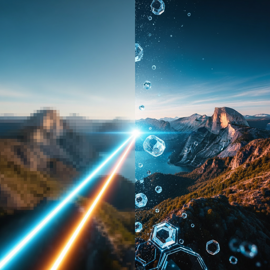 4K 화질을 상징하는 고화질 이미지를 반영한 카메라 렌즈의 매크로.