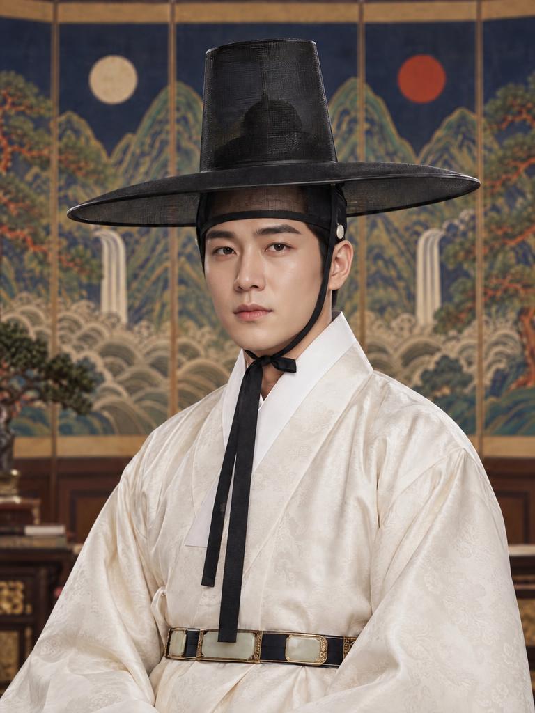 'THE SUN & THE MOON' 커스텀 필터 예시 — 일월오봉도 앞 조선 전통 복식 결과물