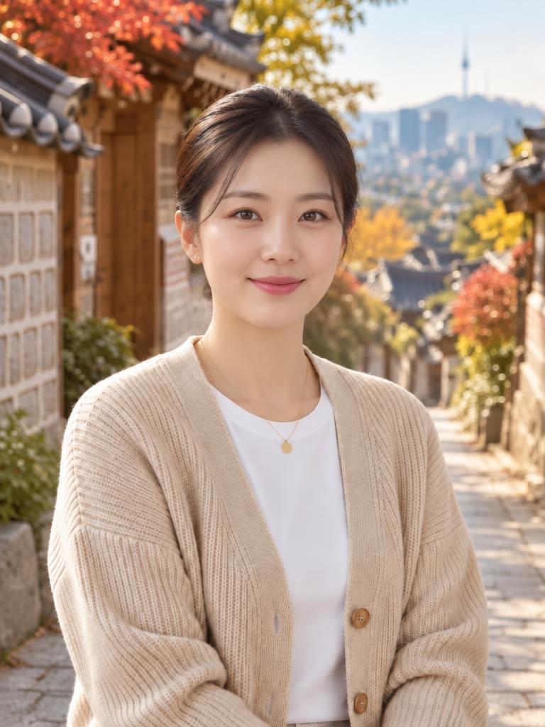 'Seoul Village Street' 커스텀 필터 예시 — 입고 온 옷 그대로 북촌 골목으로 배경을 바꾼 결과물