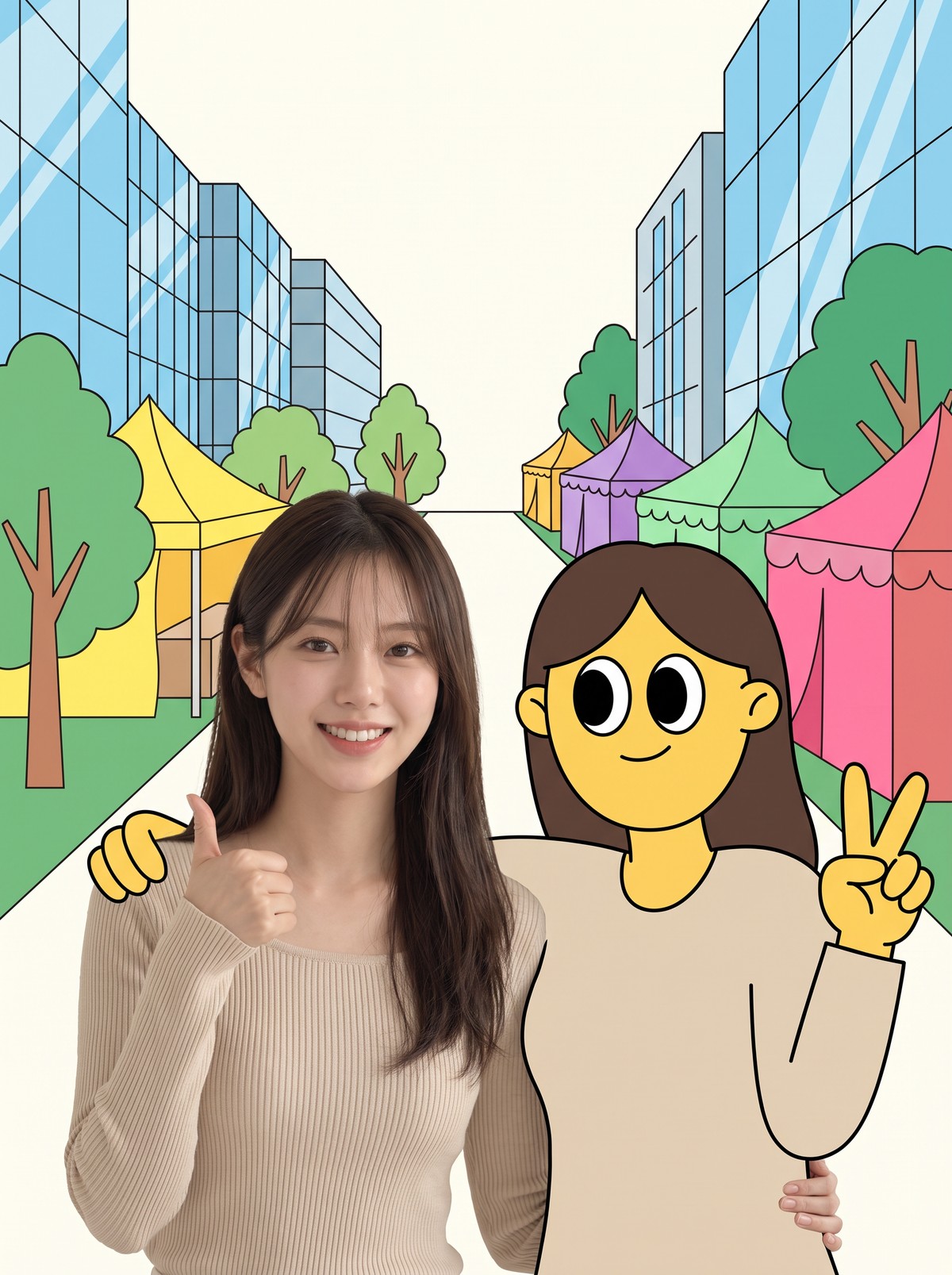 실사 인물 옆에 같은 포즈의 2D 캐릭터 분신이 선 합성 컷 — LG사이언스파크 컬처위크