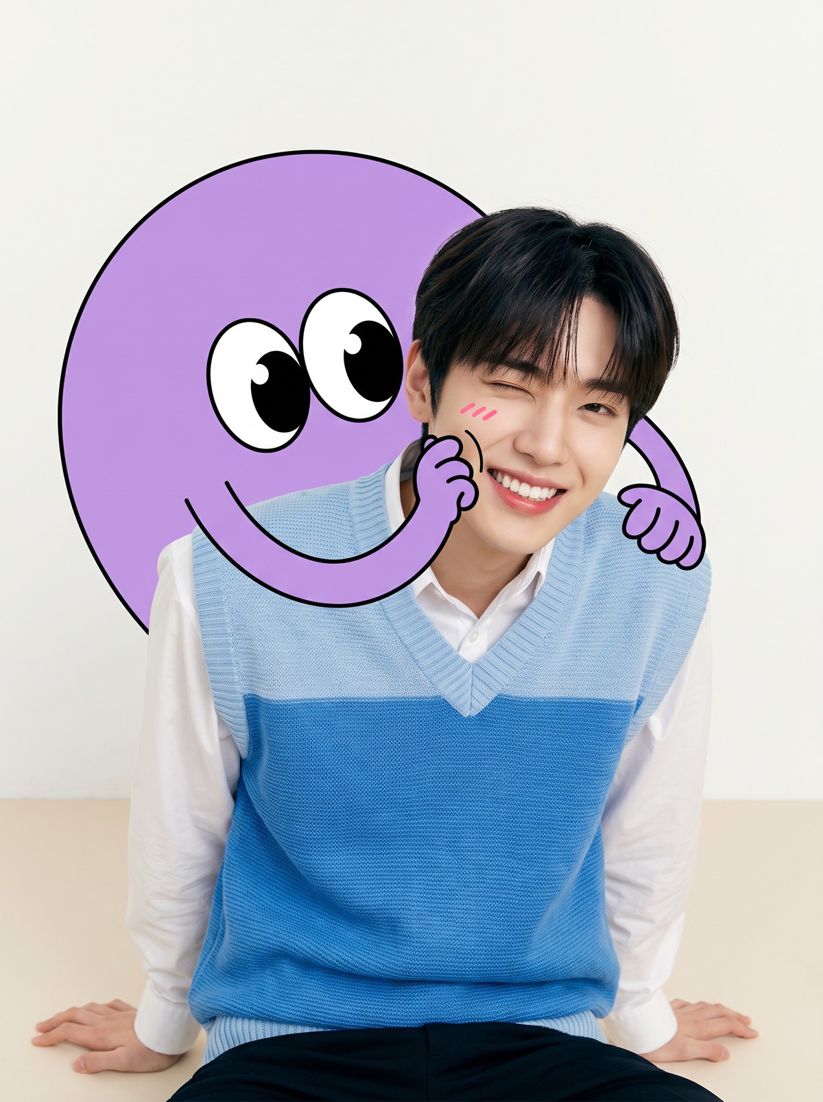 캐릭터가 볼을 꼬집는 연출의 윙크 스튜디오 프로필 AI 결과물