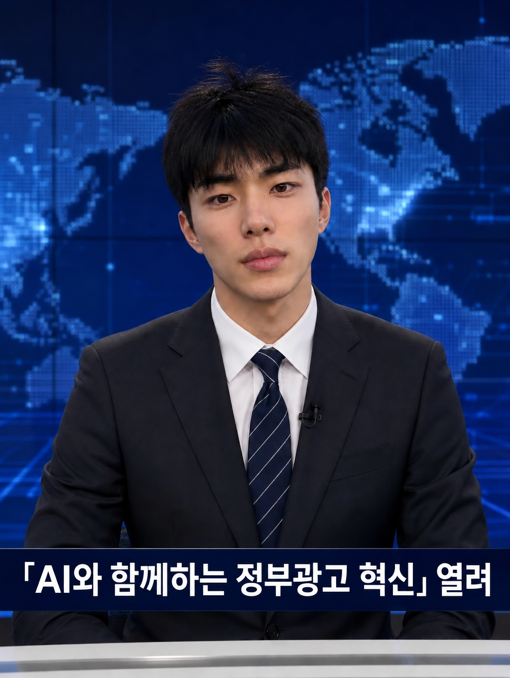 뉴스 스튜디오 앵커석 화면에 '「AI와 함께하는 정부광고 혁신」 열려' 자막이 붙은 AI 결과물